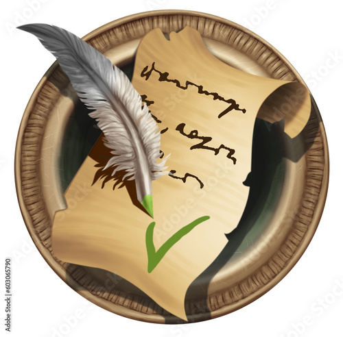 Pen and parchment, builder, secret society, secret government, logo for a computer game photo