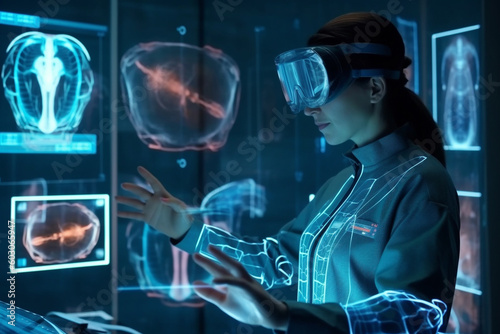 Medicine in Future. Nanotechnology hologram innovation  genetic engineering. Operating Doctor anatomy on robotic surgery machine virtual interface  robotic surgery are precision. Generative AI