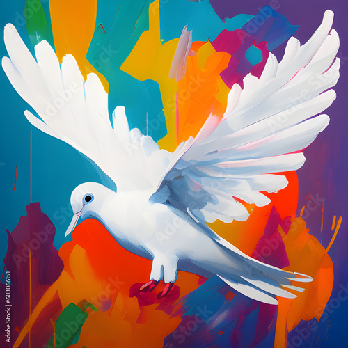an AI painting of a white dove - symbolizing peace on a multicoloured background