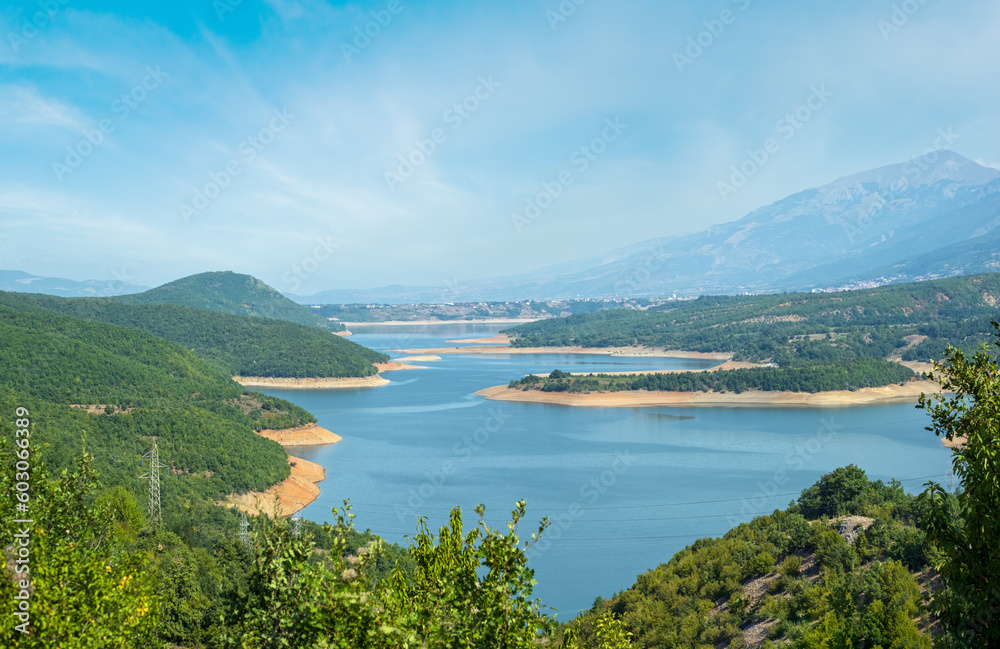 Debar lake summer countryside landscape with mountains background. North Macedonia not far from Debar Town, Europe.