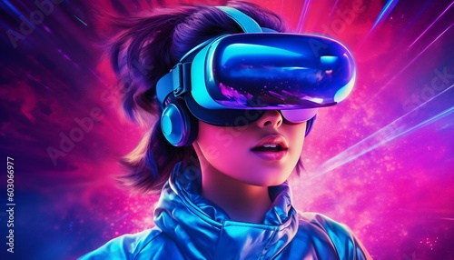 Young Person with VR Goggles in Blue, Cyan, and Purple Neon Colors. Generative ai © Scrudje