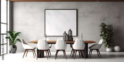 Stylish composition of cozy dining room intrerior with mock up poster frame