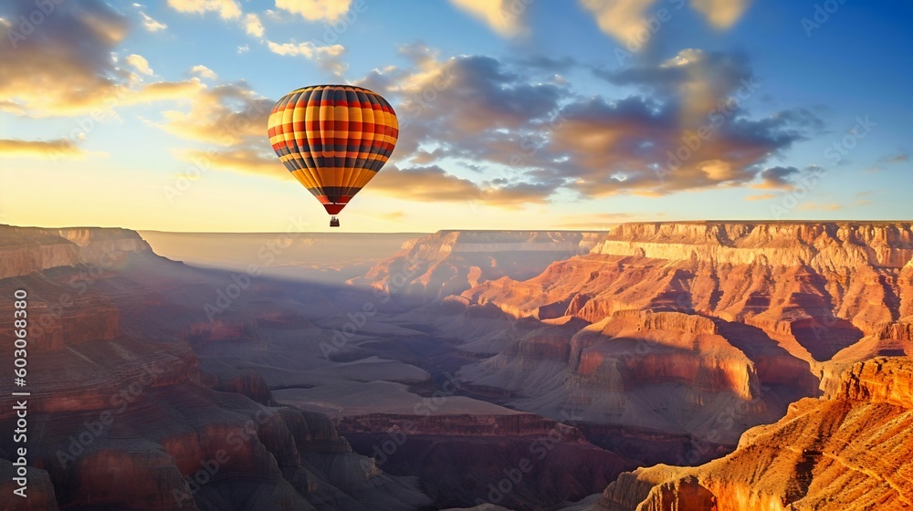 Fototapeta premium Blueish Hot Air Balloon Floating in the Sky at Sunset, Over the Grand Canyon. Generative ai