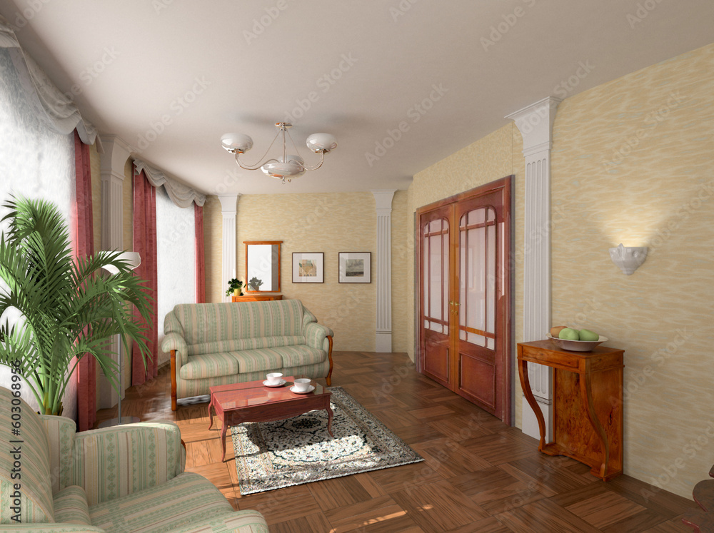 modern hotel interior design in classic style (privat apartment 3d rendering)