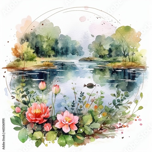 Clipart Watercolor Landscape with Water surrounded by Flowers. Generative AI