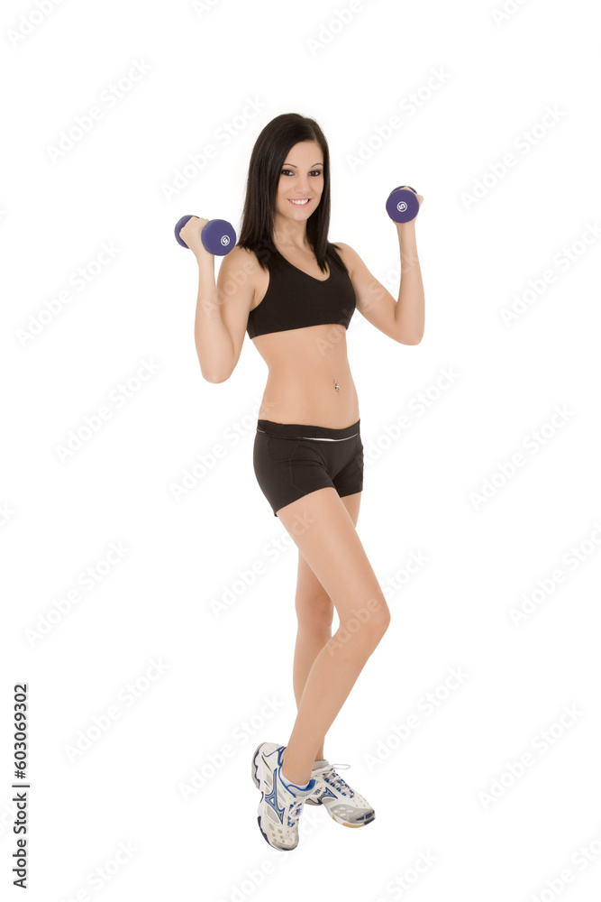 Beautiful Caucasian woman working out with dumbbells on white background Beautiful Caucasian woman working out with dumbbells on white background
