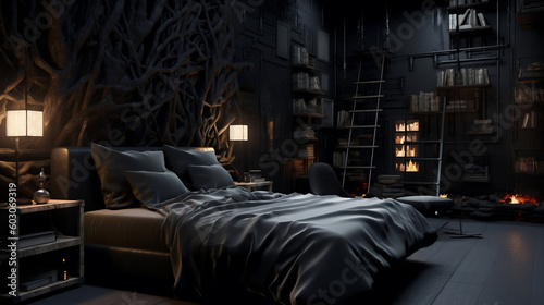 Indulgent Nighttime Getaway in a Luxurious Bedroom, generative AI © Ash