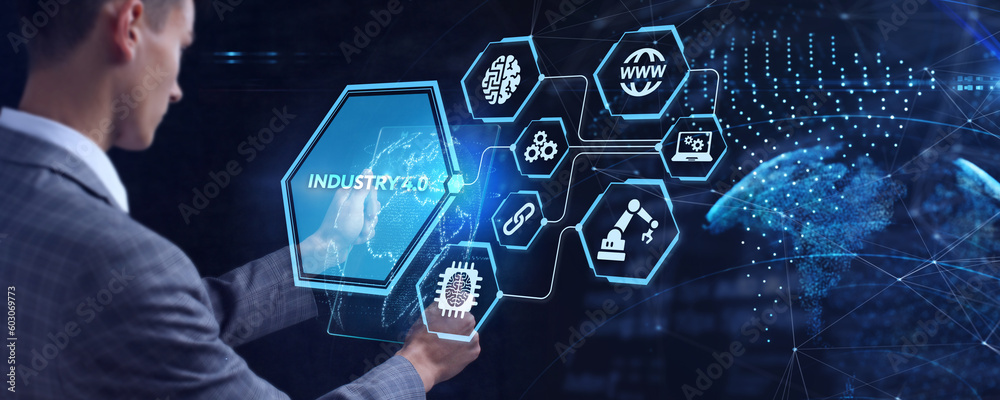 Industry 4.0 Cloud computing, physical systems, IOT, cognitive computing industry. - obrazy, fototapety, plakaty 