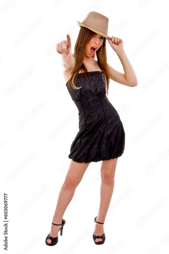 front view of female holding hat and pointing on an isolated background front view of female holding hat and pointing on an isolated background
