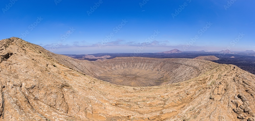 Panoramic view over the volcanic crater of Caldera Blanca on Lanzarote