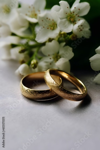 Sunlit Treasures: Wedding Rings Illuminated by Delicate Yellow Flowers Created with generative AI tools © Enterprise Media STL