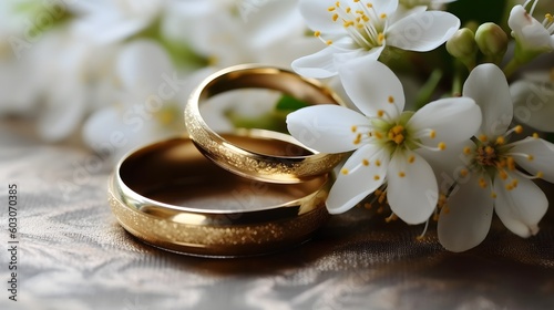 Pure Love: White Flower Accents Enhancing Wedding Rings Created with generative AI tools © Enterprise Media STL