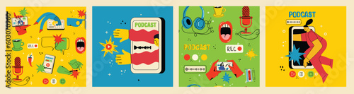 Concept of watching video online, podcast, talk show, tv application, live streaming. Hand holding smartphone with man with microphone on screen. Vector illustration in flat style