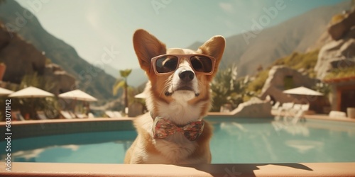Corgi Dog In Pool With Glasses On Background Of Mountains. Concept Of Rest Of Owners With Pets. Created With Generative AI Tools