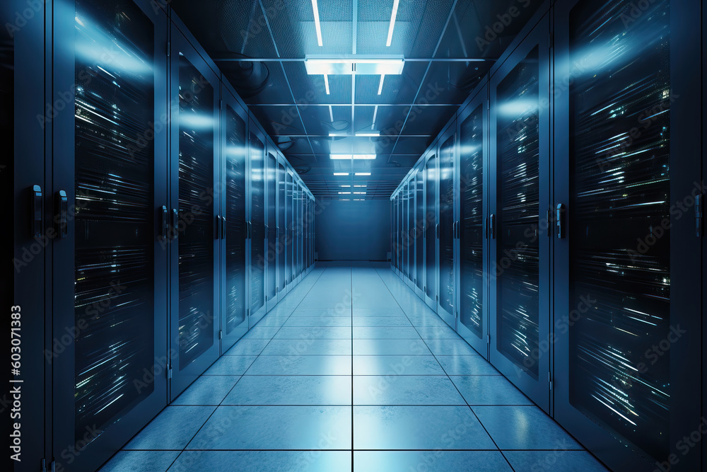 Interior of data center server room at night illuminated by blue lights ...