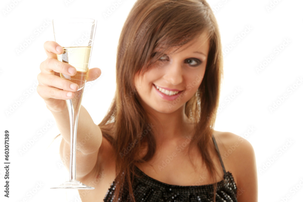 Young happy woman with champagne over white background Young happy woman with champagne over white background