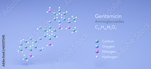 gentamicin molecule, molecular structures, cidomycin, 3d model, Structural Chemical Formula and Atoms with Color Coding photo