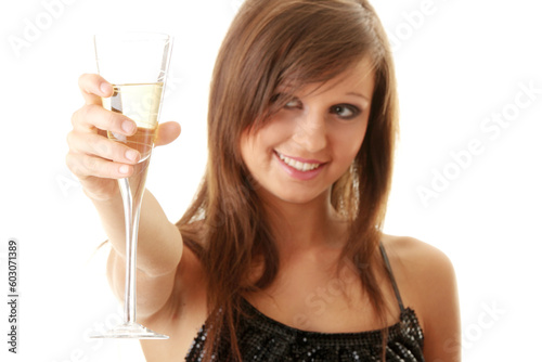 Young happy woman with champagne over white background