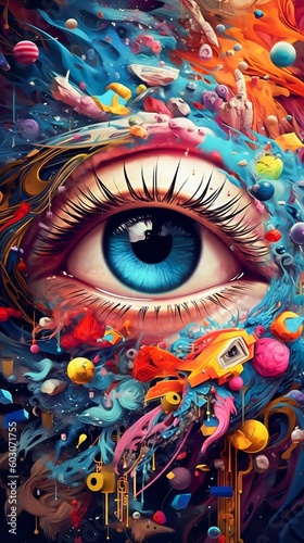 Abstract Eye Illustration Covered by a Huge Variety of Colorful Objects in a Dreamlike Style. Generative ai