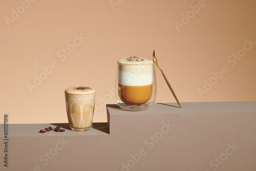 Trendy drink, dalgona coffee. Whipped instant coffee drink photo