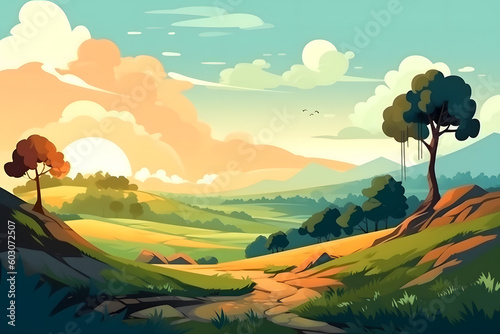 Cartoon clear summer landscape  background. Generative AI