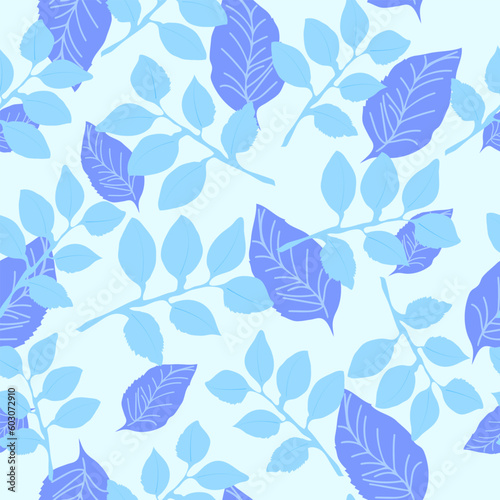 Cyan and blue leaves overlapping sky theme seamless vector repeat pattern.