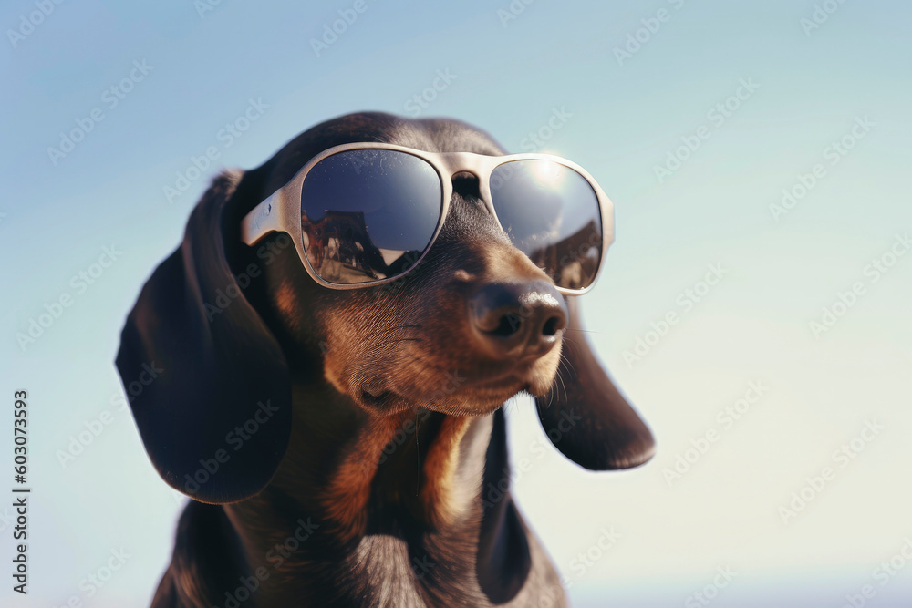 Generative AI illustration of Dachshund dog wearing sunglasses, on vacation sitting in a hammock