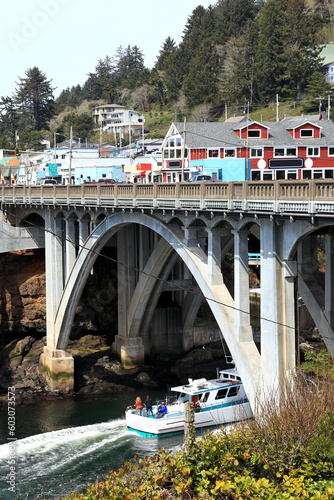 Along the Oregon Coast: The town of Depoe Bay with the entrance to the harbor that goes under Route 101 