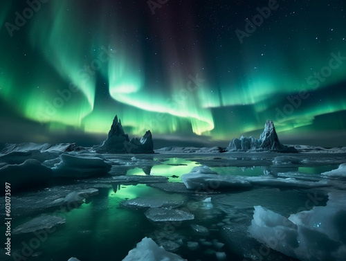 Frozen beauty: Aurora over a frozen landscape, generative AI