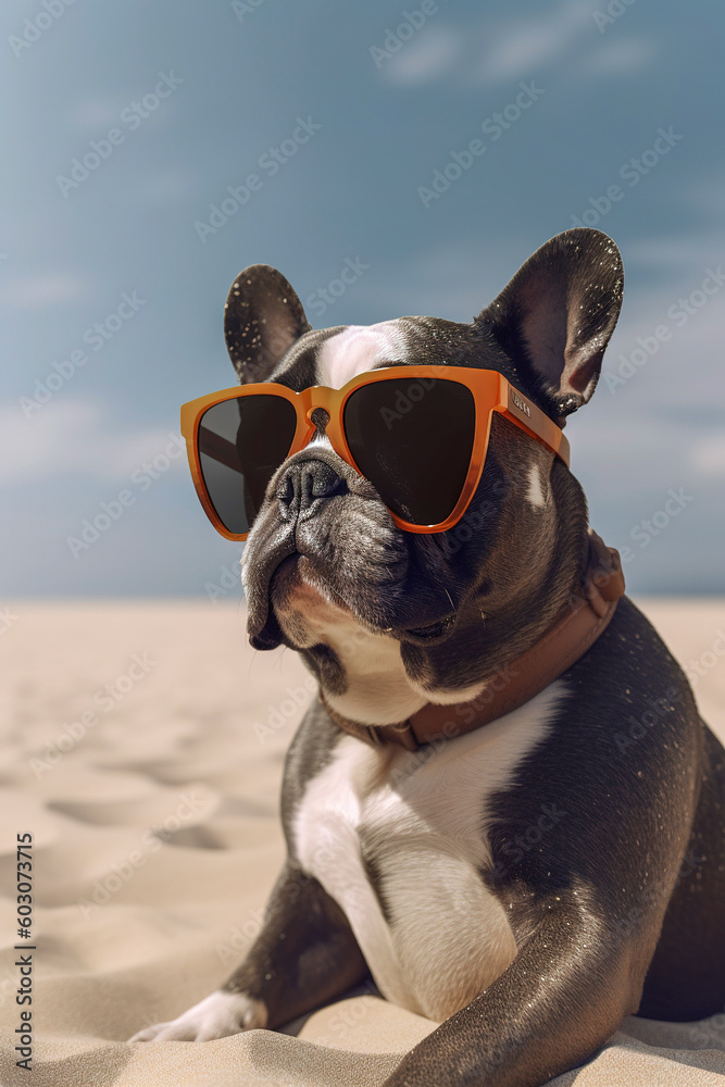 Generative AI illustration of Bulldog dog sitting on the sand at the beach on vacation wearing sunglasses