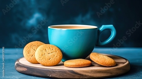 Butter cookies with cup of coffee on wooden table on blue background. Generative ai