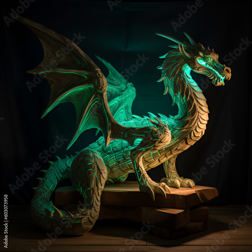 Wooden dragon in green light. Chinese dragon © PanArt
