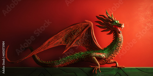 Green dragon on red background. Chinese dragon. Copy space. banner © PanArt