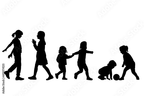 Silhouettes of kids playing isolated on white background