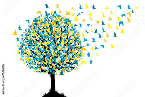 Abstract tree with birds flying from it