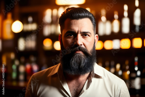 Digital portrait of senior bearded bartender in an old bar against a wall with bottles of wine. Generative AI
