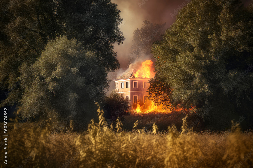 Fototapeta premium Generative AI illustration of forest and village in big summer fire due to lack of rain,stop climate change