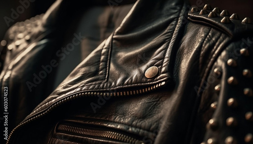 Shiny black biker jacket with metal zipper generated by AI