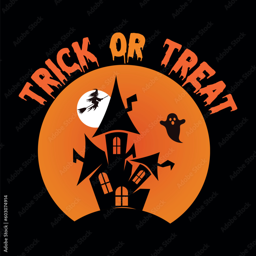 Trick or treat Halloween Party T-shirt with Ghost House. 