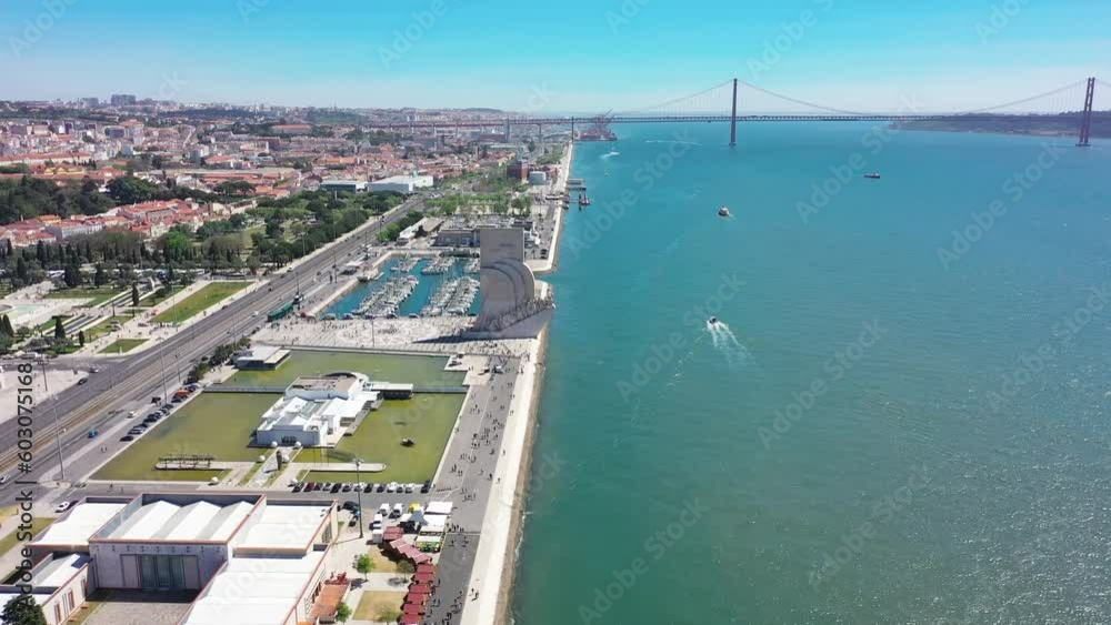 Aerial video of Marina Duca de Belham, and Padrao dos Descobrimentos Lisbon