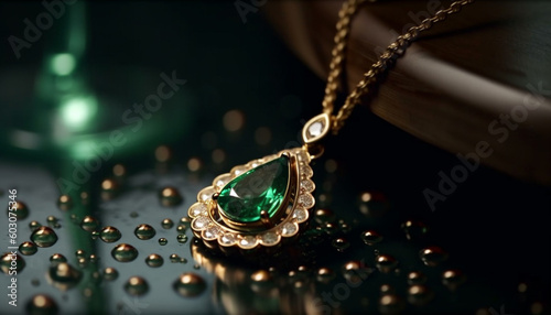 Shiny gold necklace with gemstone drop pendant generated by AI