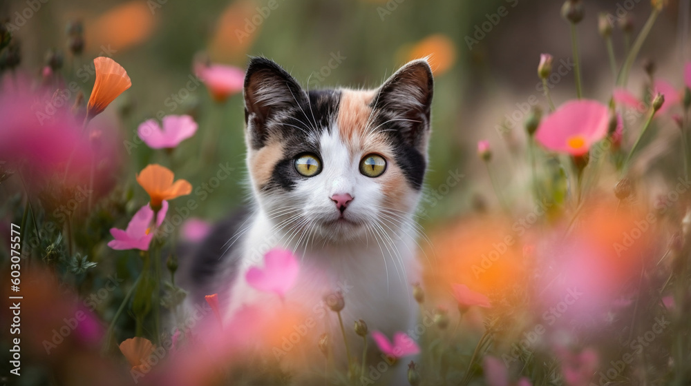 Cute calico kitten in a pink and orange flower meadow, Generative AI - obrazy, fototapety, plakaty 