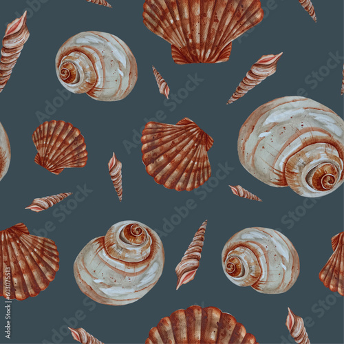Watercolor sea shells seamless pattern on dark background.