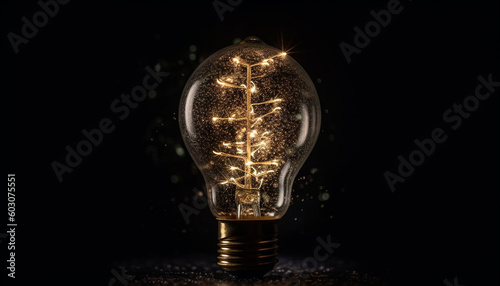 Bright tungsten filament igniting glowing electric lamp generated by AI