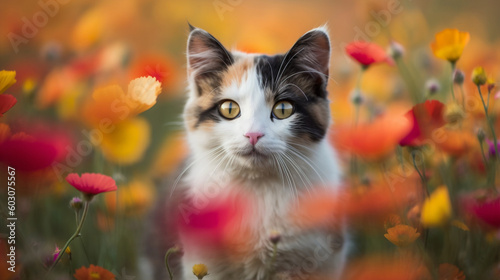 Cute calico kitten in a red and orange flower meadow, Generative AI photo