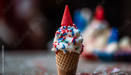 Multi colored ice cream cone with fresh fruit generated by AI