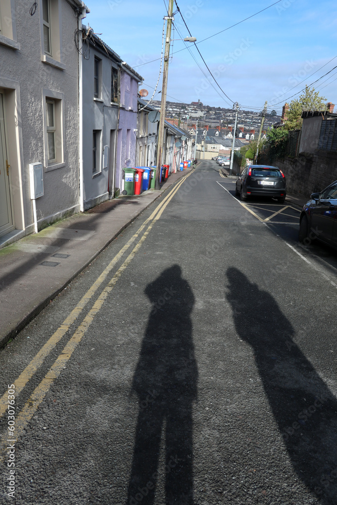 Street view with low sunlight and shadows - Cork city - Ireland