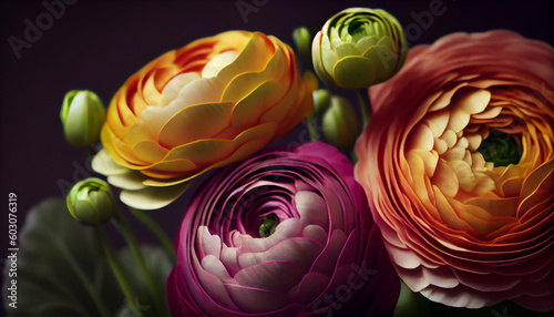 Ranunculus flowers bouquet closeup beautiful lighting background Ai generated image