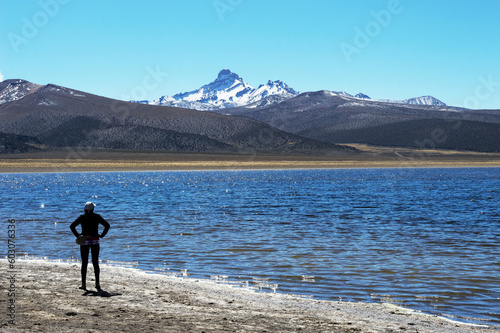 Woman with her hands on her hips looking at snowy mountains
