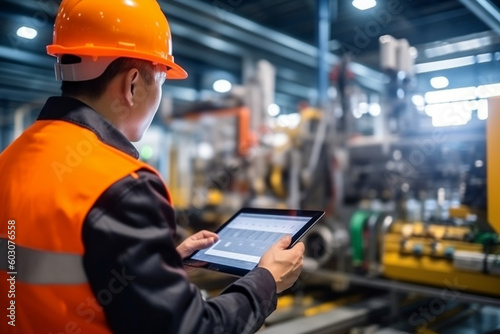 Digital engineer monitoring smart factory with real-time tablet software, generative AI